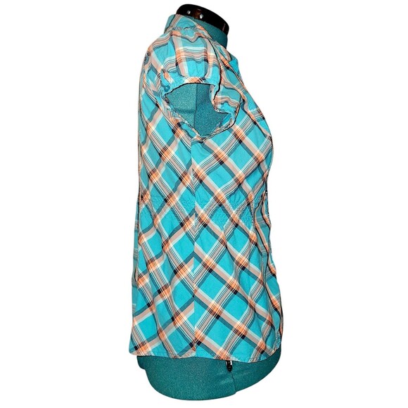 Guess shirt women's button-up Plaid Green, orange short-sleeved top Form-fitting - Picture 4 of 7